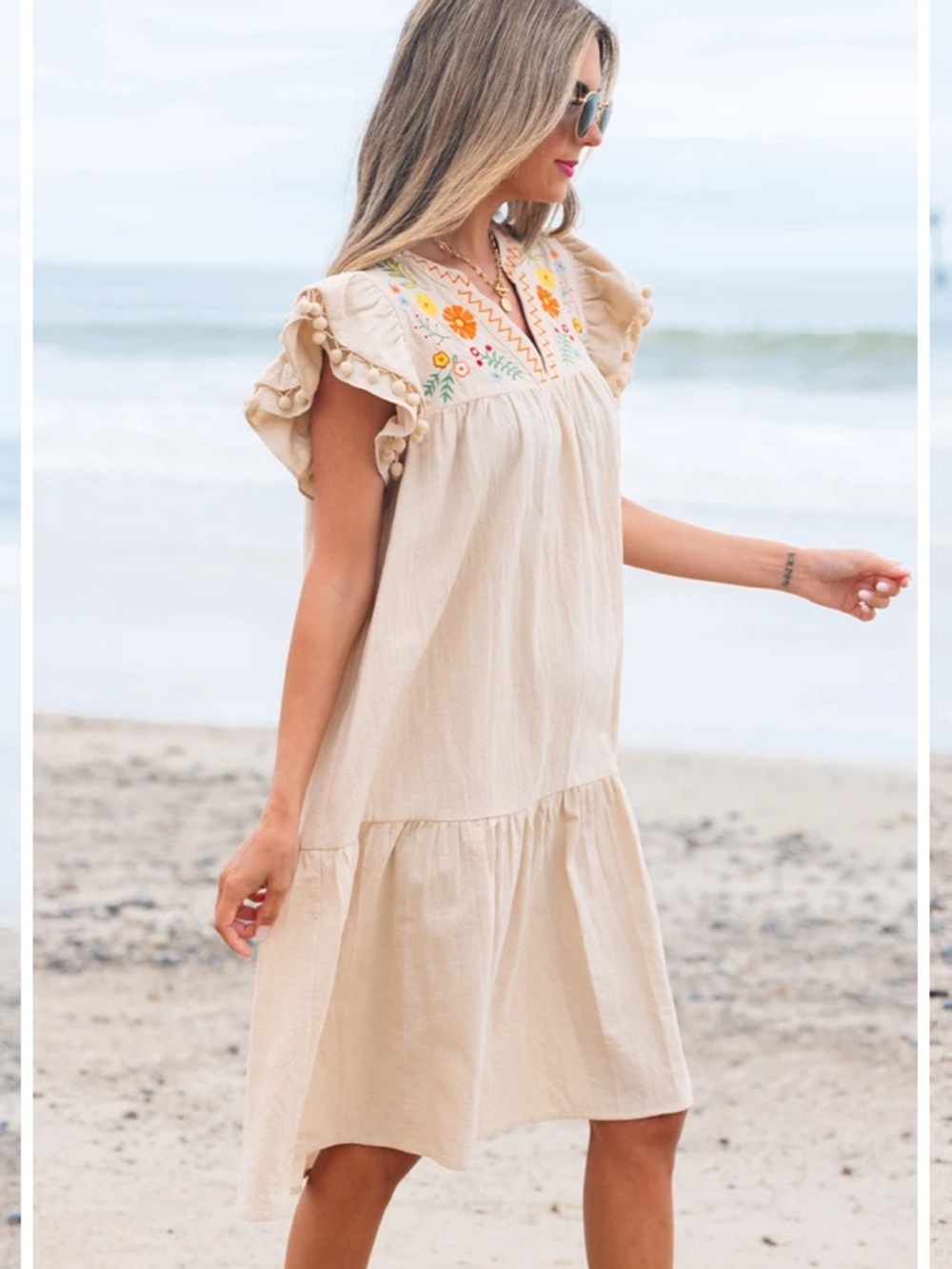 Umgee Embroidered Ruffle Pom Sleeve Linen Dress size small